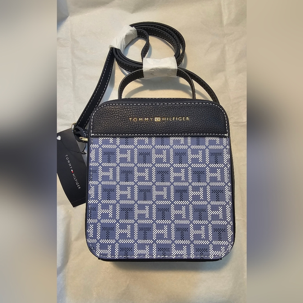 Tommy Hilfiger Navy Blue Square All Over Logo Crossbody Purse